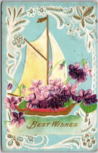 1911 Best Wishes Sailboat Full Of Purple Flower Greetings Posted Postcard