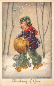 Thinking of You Girl Dog Snow Bleeker Artist-Signed Art Deco Vintage Postcard 