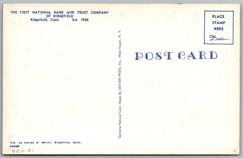 Vtg Ridgefield Connecticut CT First National Bank & Trust Company 1950s Postcard