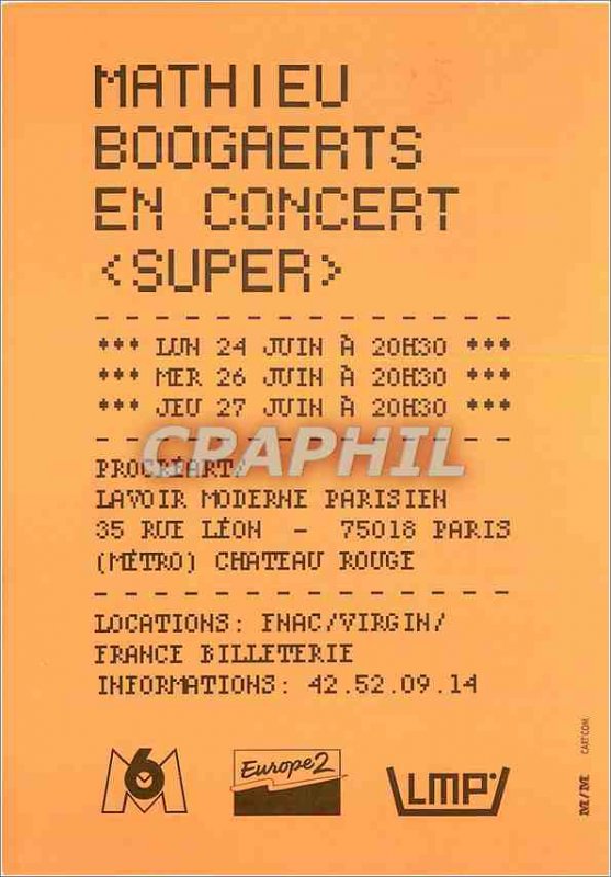 Postcard Modern Mathieu Boogaerts in Concert M6 Europe 2 FNAC Lavoir Moderne ...