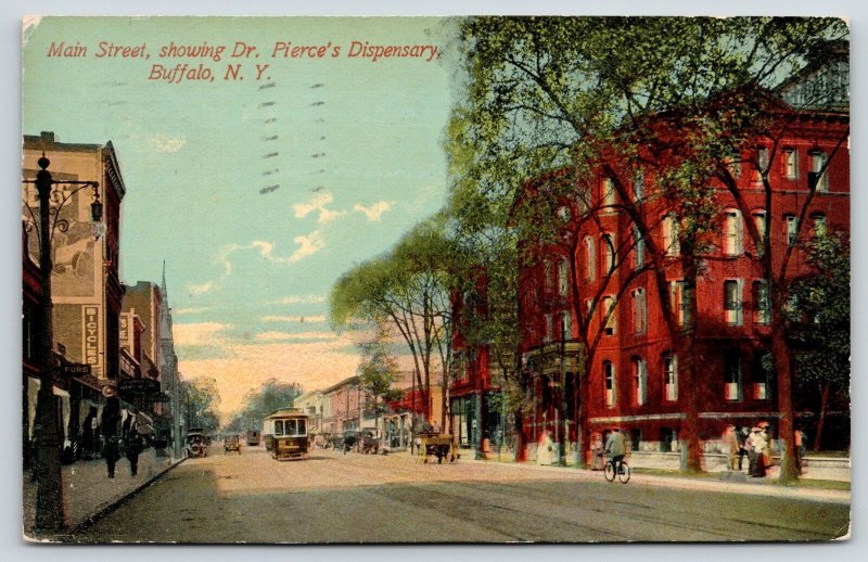 Buffalo New York~Main Street~Dr Pierce's Dispensary~Bicycle Store~Trolley~1911 
