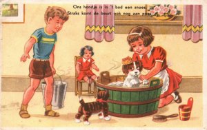 Vintage Postcard 1920's Children Bath the Cute Puppy Dog in the Tub Artwork