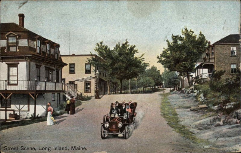 Long Island ME Casco Bay - Street Scene 1908 Peak Island Fancy Cancel Postcard 
