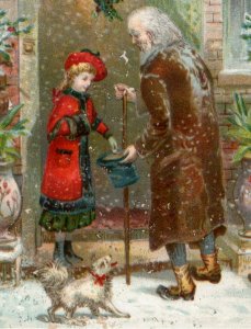 1870s-80s Christmas Lovely Girl Helping Old Beggar Man Cute Dog Holly F69