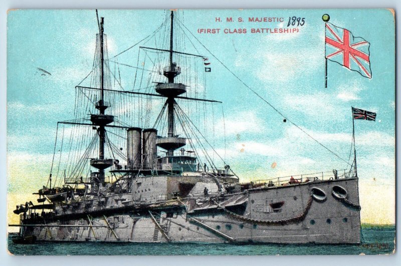 London England Postcard H.M.S Majestic First Class Battleship 1906 Posted