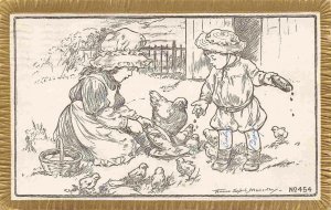 Children Feed Chicken Hen Chicks Artist Signed F Nosworthy 1910 postcard