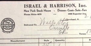 1937 ISRAEL & HARRISON DRESSES COATS SUITS FURS NEW YORK BILLHEAD INVOICE Z316