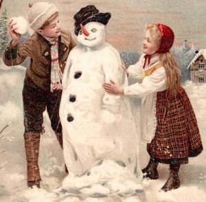 Fröhliche Weihnachten! Snowman & Children*1910's German Christmas Postcard