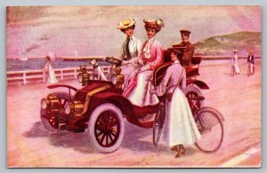 Postcard A Seaside Run Woman Driving Antique Car Old Bicycle Carriage Lights UDB