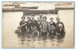 c1910's Swimming Bathing Lake Man Women Children Canoe View RPPC Photo Postcard