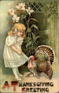 Thanksgiving Beautiful Little Girl and Turkey c1910 Vintage Postcard