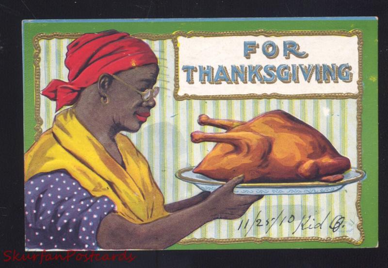 ANTIQUE BLACK AMERICANA NEGRO LADY BAKING TURKEY THANKSGIVING POSTCARD