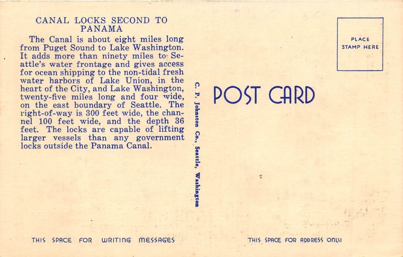 Seattle Washington 1940s Postcard World Famous Canal Locks Steamship
