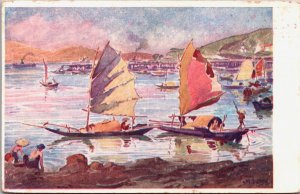 Vietnam Indochina Tonkin Sampans a Hongay Hanoi Vintage Postcard C063