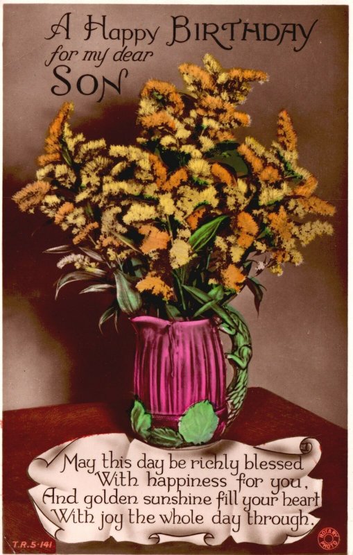 Vintage Postcard A Happy Birthday For My Dear Son Flower Vase Colorful Wishes