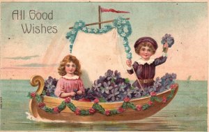 All Good Wishes Greetings Boy Girl Lovers Flowers in Boat Vintage Postcard 1908