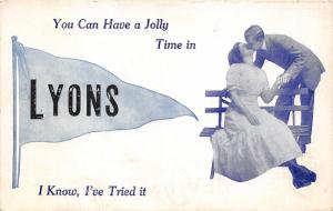 Lyons Illinois?~Couple Kissing Have a Jolly Time-I've Tried~Pennant Postcard