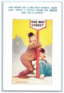 1941 Drunk Man Sleeping On Way Street Sign Taylor Berlin NH Vintage Postcard