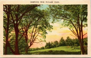 Postcard ID Greetings from Wallace Sundown in the Woods LINEN 1940s K35