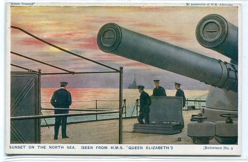 Gun Turret HMS Queen Elizabeth British Battleship Sunset North Sea postcard