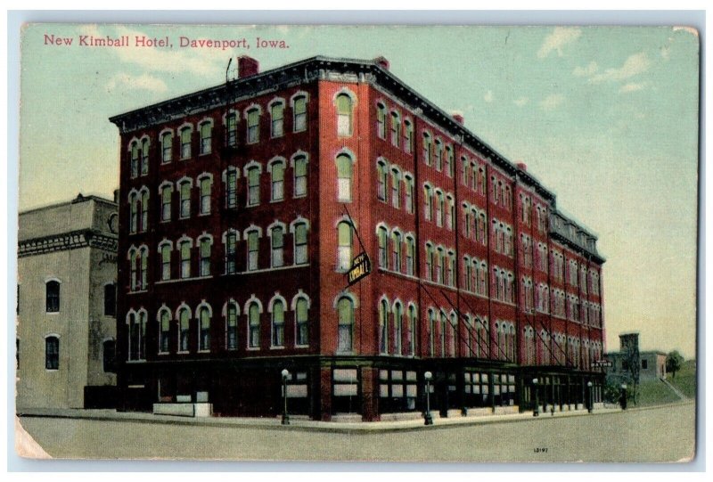 Davenport Iowa Postcard New Kimball Hotel Exterior Building 1910 Vintage Antique