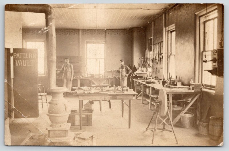 Real Photo Postcard~Tool Room Workmen~Grinding Wheel~Pot Belly Stove~c1910 RPPC