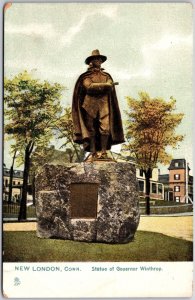 New London Connecticut CT, Bronze Statue of Governor Winthrop, Vintage Postcard