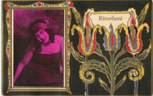 Italian Postcard Tinted Real Photo Inset Flirty Pin Up Girl Art Deco Tulips