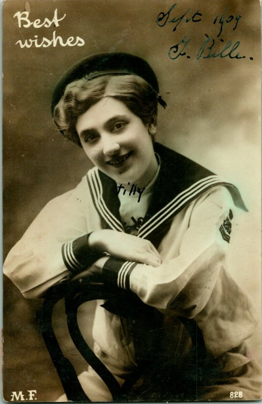 Vintage Real Photo Postcard 1909 RPPC - Woman In Navy Sailor Suit