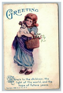 Vintage 1905 Greetings Postcard Girl with Cute Puppy Basket of Flowers