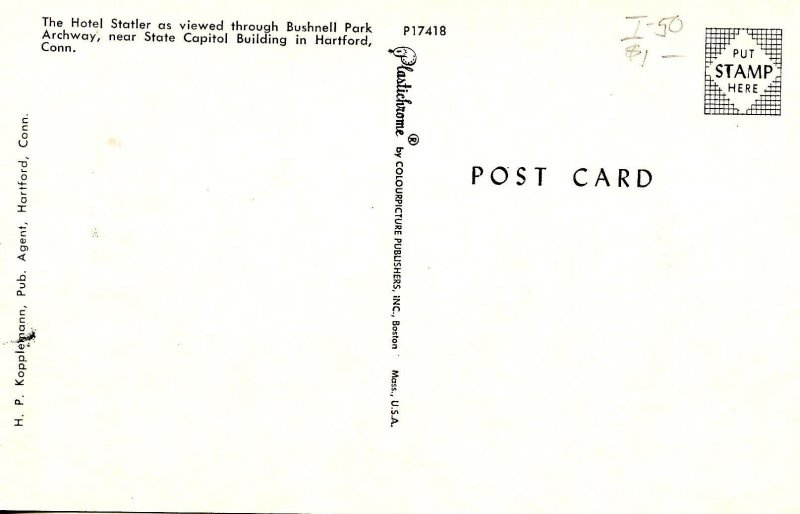 CT - Hartford. Bushnell Park, Memorial Arch, Hotel Statler