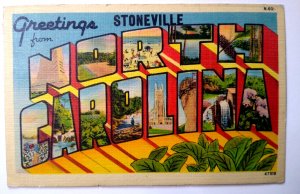 Greetings From Stoneville North Carolina Large Big Letter Linen Postcard 1943