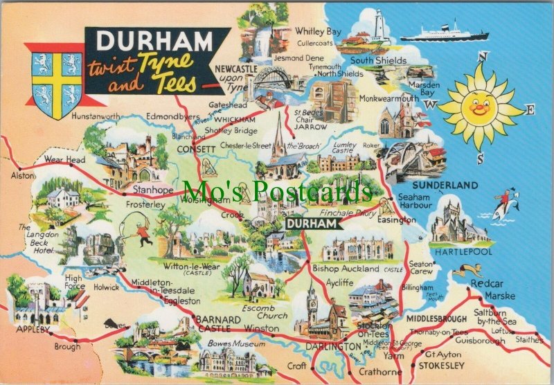 Cartography Postcard - Map of Durham & Tyne Tees   Ref.RR17086