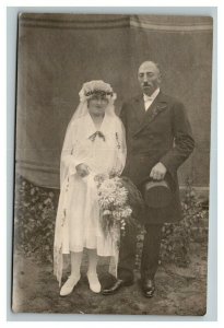 Vintage 1910's RPPC Postcard Photo of Bride and Groom