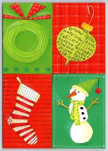 Christmas~Ornament Wreath Stocking & Snowman In Squares~Continental Postcard
