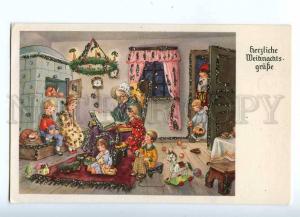 187341 SANTA CLAUS Kid DACHSHUND vintage PC w/ tinsel APPLIQUE