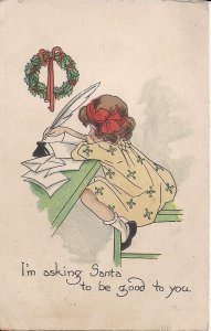 Christmas, Little Girl Writing to Santa Claus 1919 Xmas Wreath, Feather Ink Pen