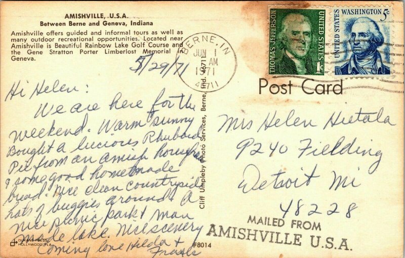 Amishville US Berne Geneva Indiana IN Postcard Cancel PM WOB Note VTG Buggy 