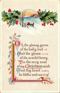 Oh the Glossy Green of Holly Leaf Christmas Poem Horse Sleigh Holly Postcard DB