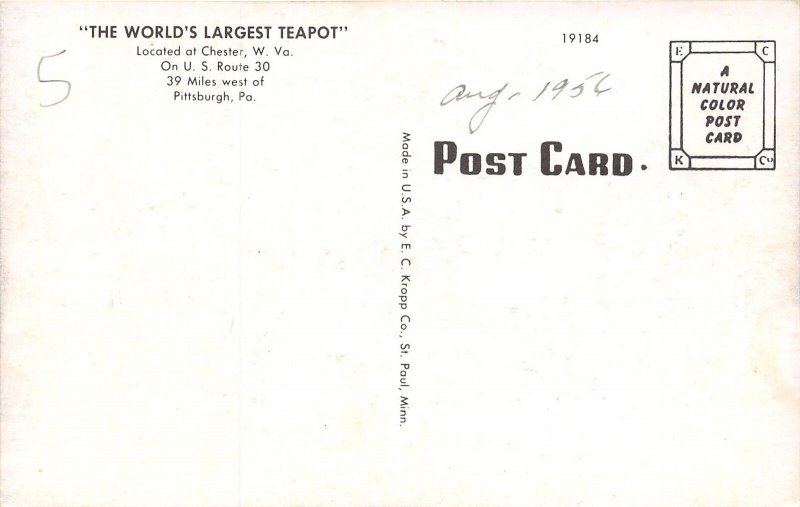J56/ Chester West Virginia Postcard Chrome Teapot Caf� Hot Dogs Pottery 334 