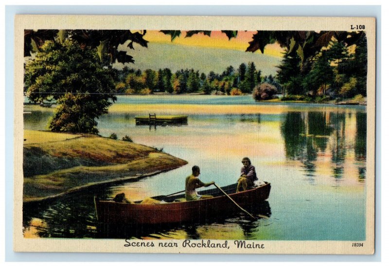 c1940's Boat Canoeing Scene Near Rockland Maine ME Unposted Vintage Postcard 