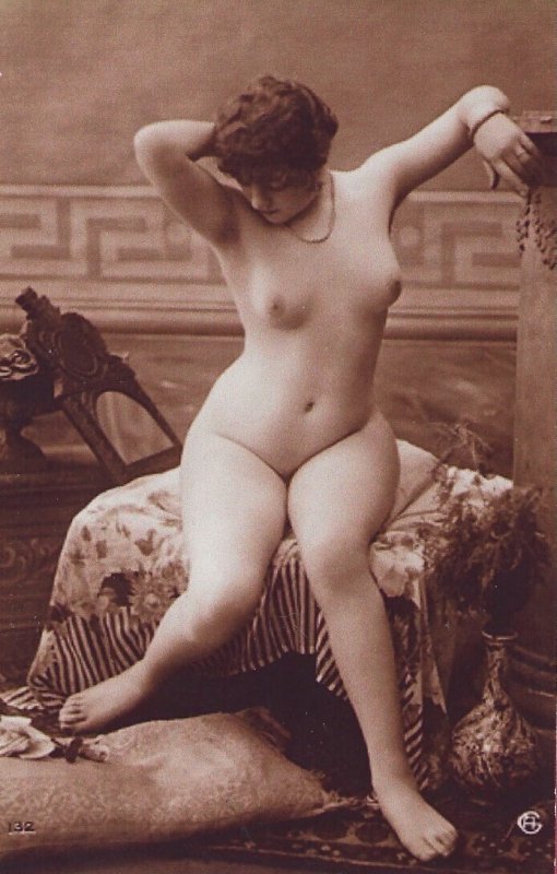 HR-14  French Nude Woman Risque 2X Imported Sepia Picture Postcard