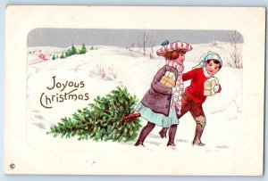 1914 Christmas Children With Gifts Winter Scene Embossed Hanover ME Postcard