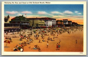 Postcard Old Orchard Beach ME c1940s Enjoying the Sun & Sand Boardwalk Bathers