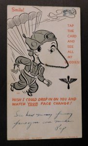 1900s Mint Living Caricature Cards Mechanical Chain Postcard Paratrooper Drop In