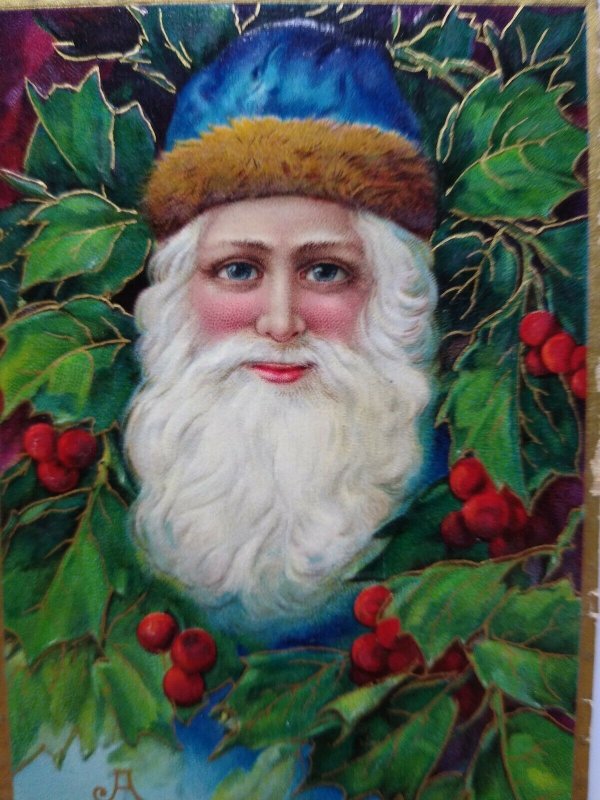 Christmas Postcard Santa Claus Blue Hat & Eyes Embossed Series 1480 Germany 1912 