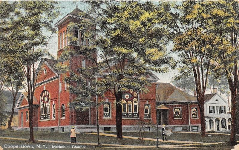 Cooperstown New York~Methodist Church~Lady & Man on Sidewalks~c1910 Postcard