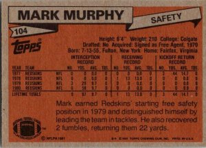 1981 Topps Football Card Mark Murphy Washington Redskins sk60439