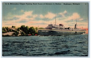 c1940 SS Milwaukee Clipper Passing Sand Dunes Harbor Muskegon Michigan Postcard