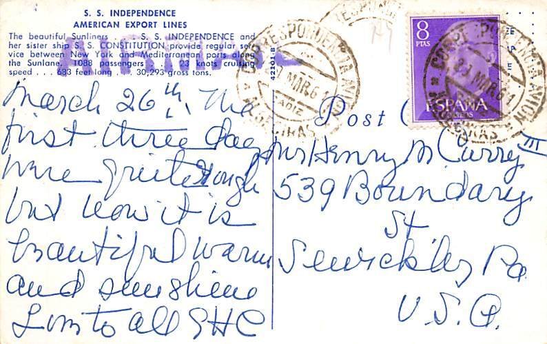 SS Independence Ferry Boats Ship Postal Used Unknown 